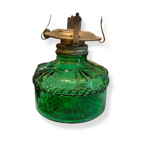 Fook Cheung Other - Vintage Green Glass Oil Lamp Brass Burner by Fook Cheung Hong Kong Collectible